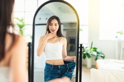 Closeup Asian Woman Wear Underwear Beautiful Body Belly Slim Shape