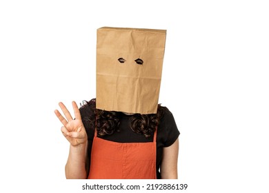 Young Woman Wearing Paper Bag Over Her Head Holding Up Three Fingers