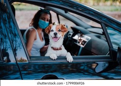 Young Woman Wearing Protective Mask In A Car. Cute Jack Russell Dog Besides. Selective Focus On Dog. Travel And New Normal Concept