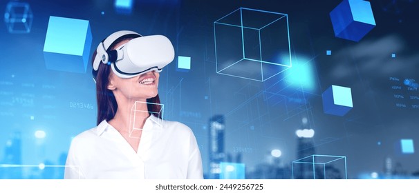 Young woman wearing VR headset experiencing virtual reality technology. Night city skyline online cyberspace journey. Metaverse and wearable devices. Cubes and code - Powered by Shutterstock