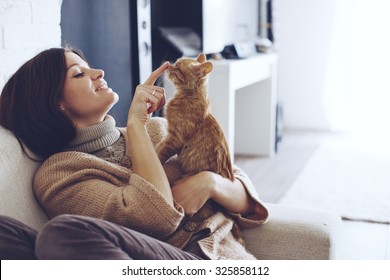 Young woman wearing warm sweater is resting with a cat on the armchair at home one autumn day