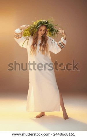 A young woman wearing a white dress adorned with a wreath on her head, exuding an aura of enchantment in a fairy and fantasy studio setting.
