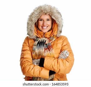 Young Woman Wearing Winter Coat Isolated Over White Background