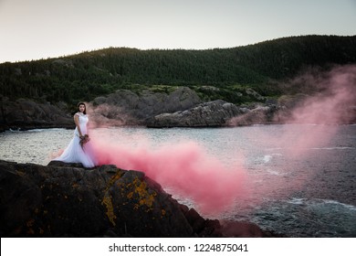 Young Woman Wedding Scene With Smoke Bomb
