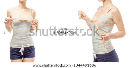 Young woman weight loss weight loss with a centimeter breast set pattern on a white background isolation