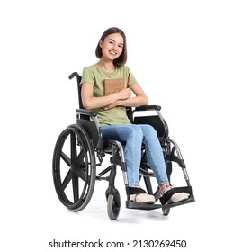 Young Woman In Wheelchair And With Notebook On White Background