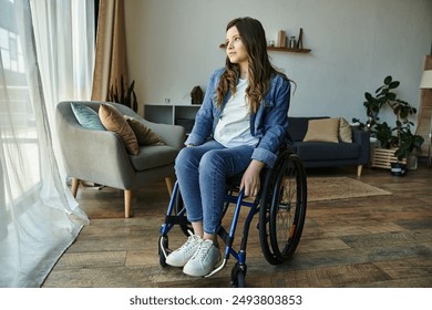 A young woman in a wheelchair sits in her modern apartment, gazing out the window. - Powered by Shutterstock