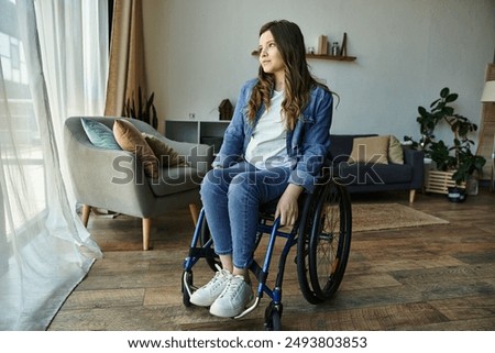 Similar – Image, Stock Photo Young woman in wheelchair with loyal dog in kitchen