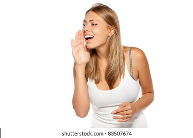 Young Woman Whispering Over White Background