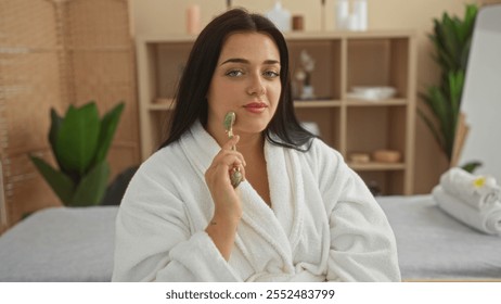 Young woman in a white bathrobe using a jade roller at a spa wellness center, showcasing a curvy plus-size body and a serene interior for beauty and relaxation. - Powered by Shutterstock