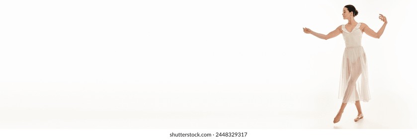 A young woman in a white dress gracefully extends her hand. - Powered by Shutterstock