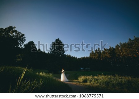 Young woman in a white dress is standing on the field. Portrait of girl outdoor. Romantic young woman posing on the background of sunset sky.