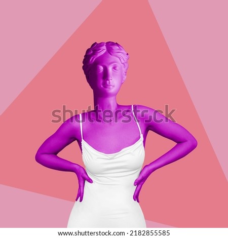 Young woman in white elegant dress headed by antique purple female statue isolated on a pink background. Trendy collage in magazine surreal style. Contemporary art. Modern design