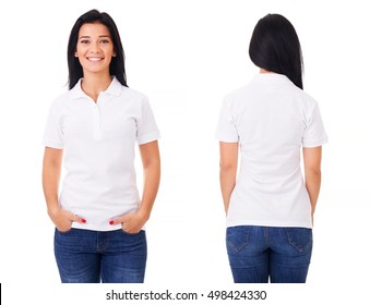 Young woman in white polo shirt on white background
