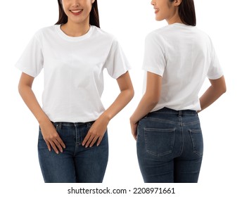 Young Woman In White T Shirt Mockup Isolated On White Background With Clipping Path.