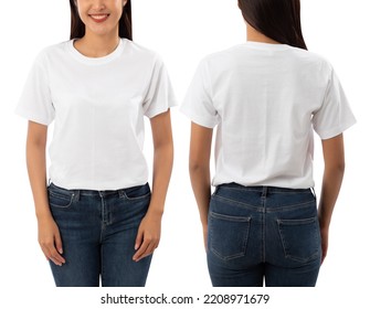 Young woman in white T shirt mockup isolated on white background with clipping path.