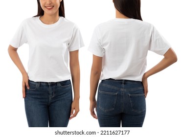 Young woman in white T shirt mockup isolated on white background with clipping path. - Shutterstock ID 2211627177