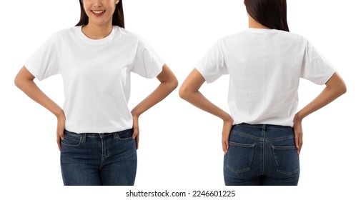 Young woman in white T shirt mockup isolated on white background with clipping path.