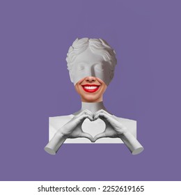 Young woman in a white t-shirt headed by antique statue showing a heart shape with hands isolated on purple color background. 3d trendy collage in magazine style. Contemporary art. Modern design