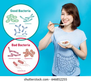 Young Woman Who Eats Yogurt, Good Bacteria And Bad Bacteria, Intestinal Flora, Gut Flora.