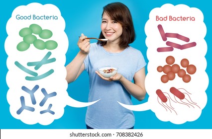 Young Woman Who Eats Yogurt, Good Bacteria And Bad Bacteria, Enteric Bacteria, Intestinal Flora, Gut Flora, Probiotics.
