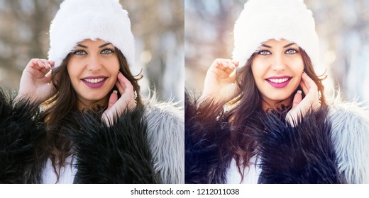 Young Woman Winter Portrait Without And With Filter. No Retouch And Retouched Version Of The Same Photo Side By Side