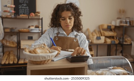 Young woman working in a bakery, writing notes with a pen while surrounded by various bread products, pastries, and baked goods in an indoor shop setting - Powered by Shutterstock