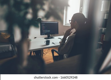 Young Woman Working At Her Home Office. Businesswoman Working Long Hours