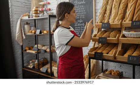 Young woman working inside a bakery pointing at various baked goods while wearing a red apron in an indoor shop setting - Powered by Shutterstock