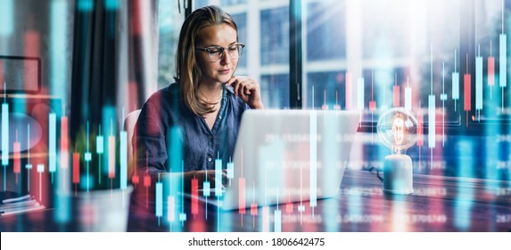 Young woman working at modern office.Technical price graph and indicator, red and green candlestick chart and stock trading computer screen background. Double exposure. Trader analyzing data - Shutterstock ID 1806642475