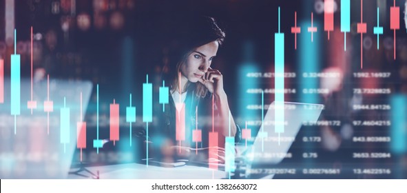Young woman working at night modern office.Technical price graph and indicator, red and green candlestick chart and stock trading computer screen background. Double exposure.Wide