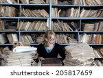 young woman working in an oldfashioned office