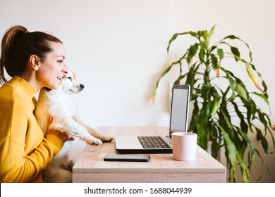 young woman working on laptop at home,cute small dog besides. work from home, stay safe during coronavirus covid-2019 concpt - Shutterstock ID 1688044939