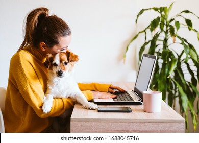 young woman working on laptop at home,cute small dog besides. work from home, stay safe during coronavirus covid-2019 concpt