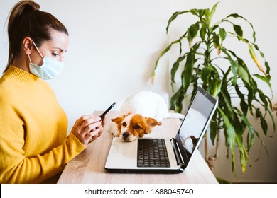 Young Woman Working On Laptop At Home, Wearing Protective Mask, Cute Small Dog Besides. Work From Home, Stay Safe During Coronavirus Covid-2019 Concpt