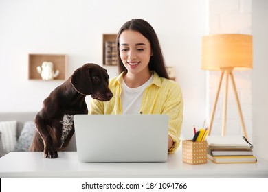 Young woman working on laptop near her playful dog in home office