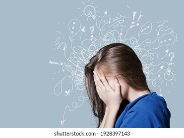Young woman with worried stressed face expression with illustration - Shutterstock ID 1928397143