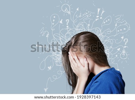 Young woman with worried stressed face expression with illustration