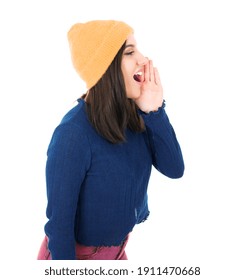 Young Woman Yelling, Isolated On White Background. Side View Of Pretty Girl While Says Something. Studio Shot