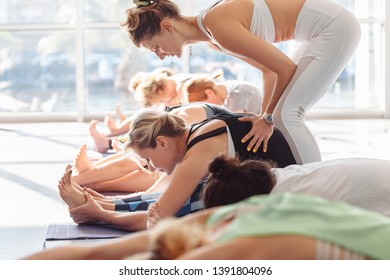 Young woman yoga instructor straightens her students while doing stretching while sitting on mats in the gym against the background of a large window. ?oncept of group lessons with a teacher - Shutterstock ID 1391804096