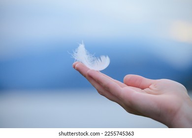 Young woman's hand holding white soft feather against morning sky, spiritual background, spirituality, purity and meditation concept
