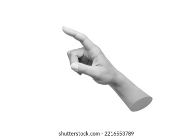 Young woman's hand pointing to the side at a copy empty blank space for text and design isolated on a white background. Finger gesture. 3d trendy collage in magazine style. Modern contemporary art