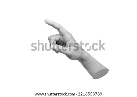 Young woman's hand pointing to the side at a copy empty blank space for text and design isolated on a white background. Finger gesture. 3d trendy collage in magazine style. Modern contemporary art