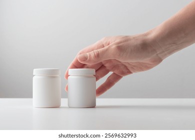 A young woman's hand takes a white plastic bottle on a white background. Mockup for branding a box with pills, capsules, pills, supplements or vitamins. Healthcare concept