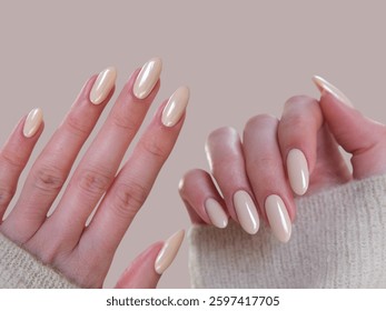Young woman's hands with modern creative hand-painted nail polish with modern shape _ New nail polish design