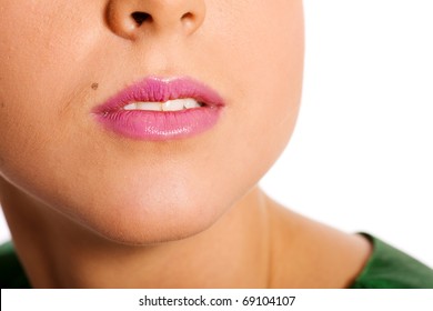 Young woman's Lips and nose close up isolated on white