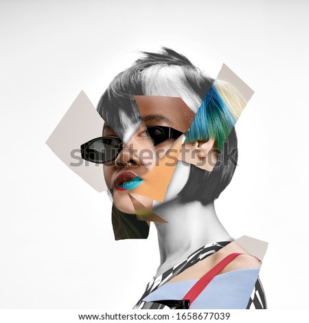 Young woman's portrait made of different pieces of faces, modern art collage. New vision of beauty and fashion, make up, hairstyle. Modern style, contemporary view of emotions, feelings.