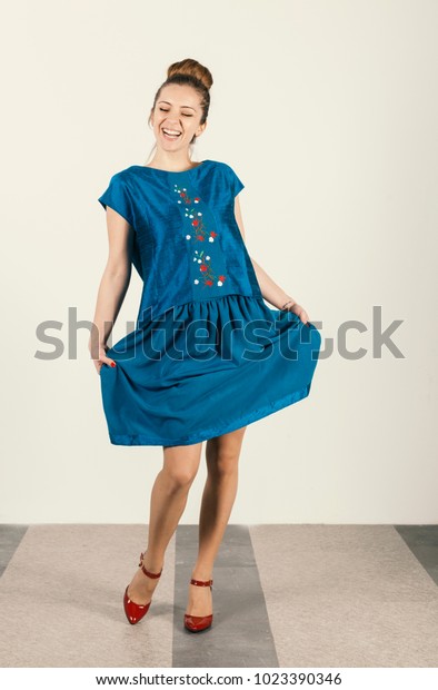 Women Blue Dress Red Shoes Stock Photo 
