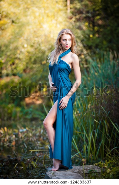 Young Women Blue Long Dress Sunset Stock Photo Edit Now 124683637