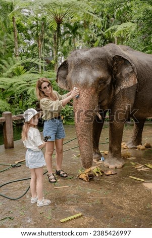 Young women with daughter washing an elephant at sanctuary in Bali, Indonesia.